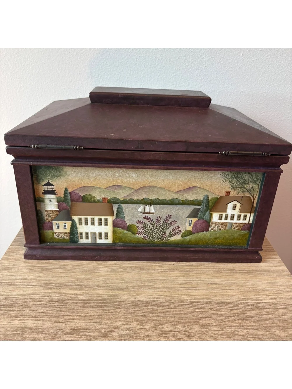 Keepsake Box Hand-Painted Coastal Lighthouse Wooden Folk Art Decor
